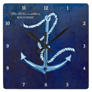 Horloge Carrée Indigo Ocean Crab Seashing Nautical Beach House