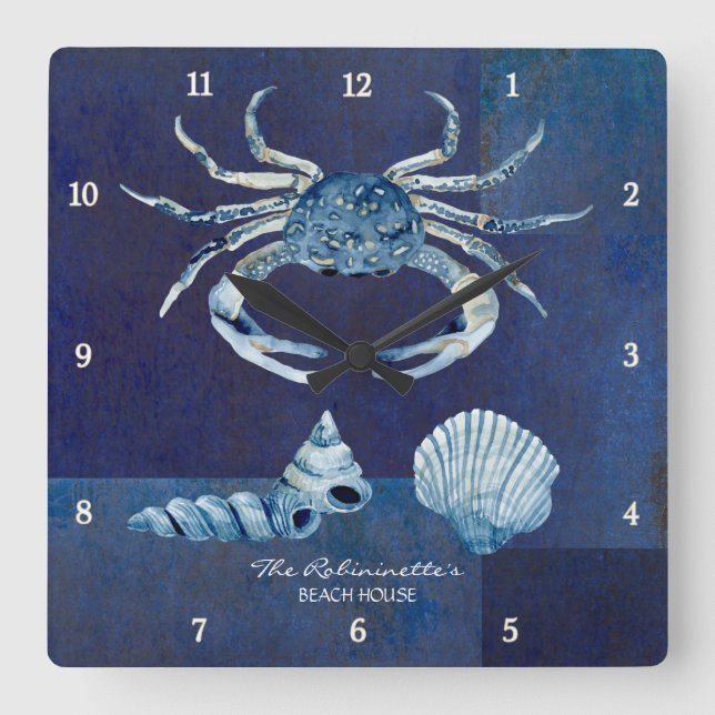 Horloge Carrée Indigo Ocean Crab Seashing Nautical Beach House (Recto)