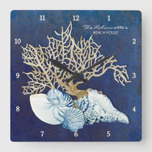 Horloge Carrée Indigo Ocean Crab Seashing Nautical Beach House