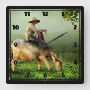 Horloge Carrée Indonesia Scenic landscape with Buffalo and Farmer