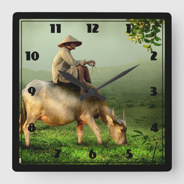 Horloge Carrée Indonesia Scenic landscape with Buffalo and Farmer (Recto)