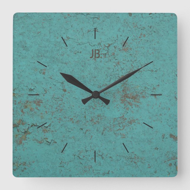 Horloge Carrée INDUSTRIAL | Flaky blue paint plus lettering (Recto)