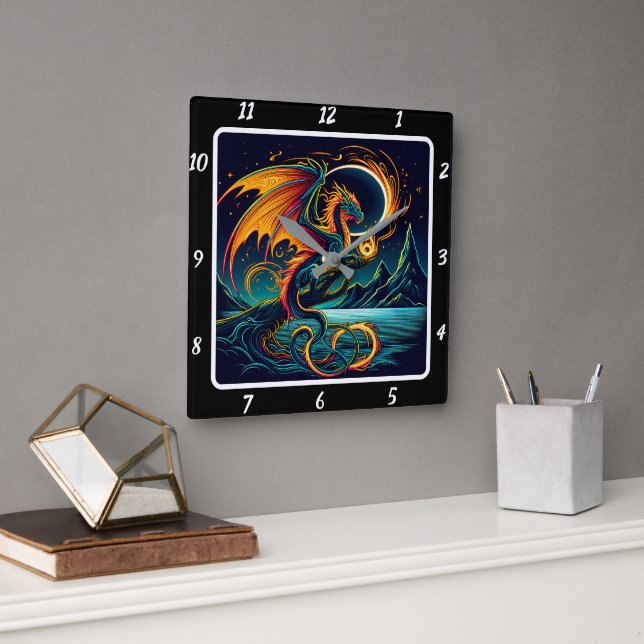 Horloge Carrée Inferno Neon Dragon Blaze (Bureau)