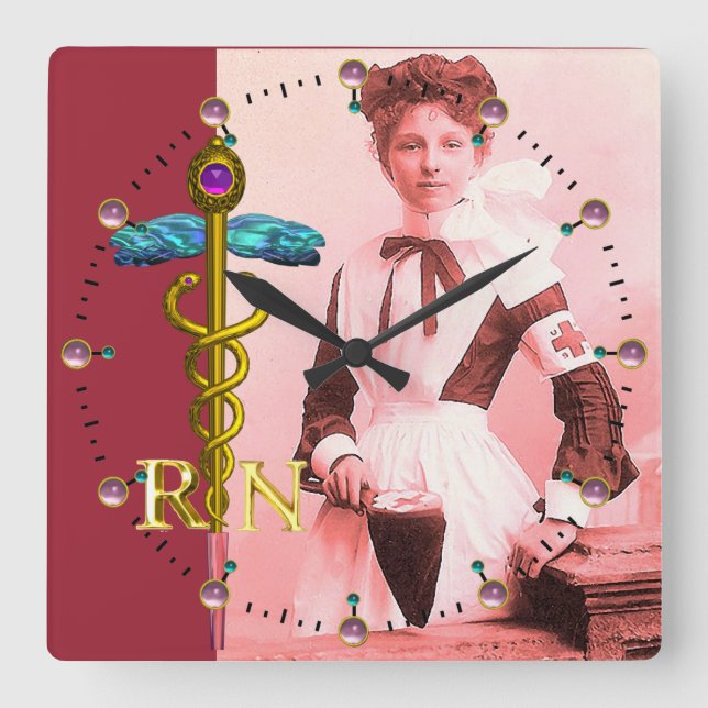 Horloge Carrée Infirmière vintage et emblème de caducée doré NR (Recto)