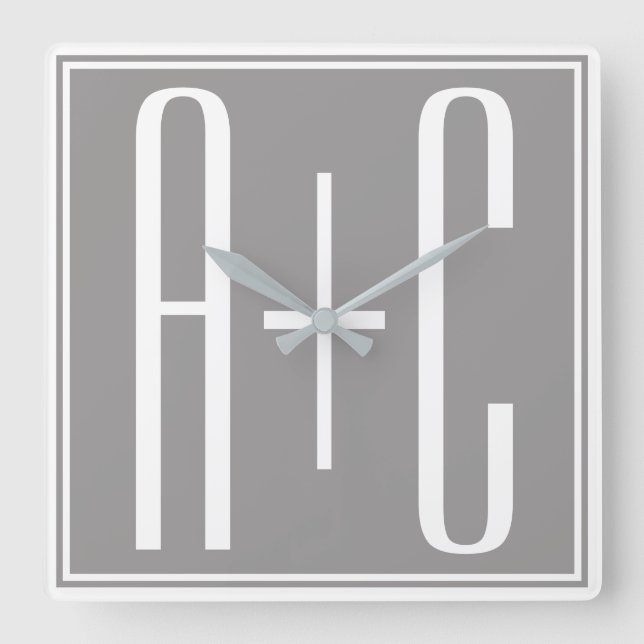 Horloge Carrée Initiales de couples ou autre texte | Blanc & Gris (Recto)
