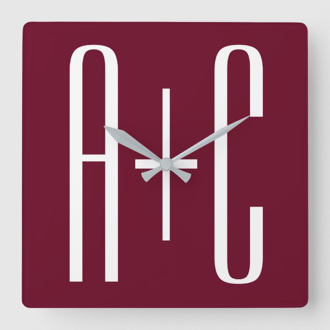 Horloge Carrée Initiales de couples simples | Blanc et bordeaux (Recto)