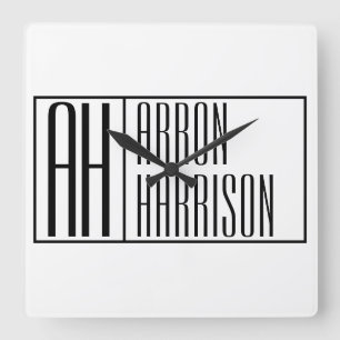 Horloge Carrée Initiales minimales modernes & Logo de nom