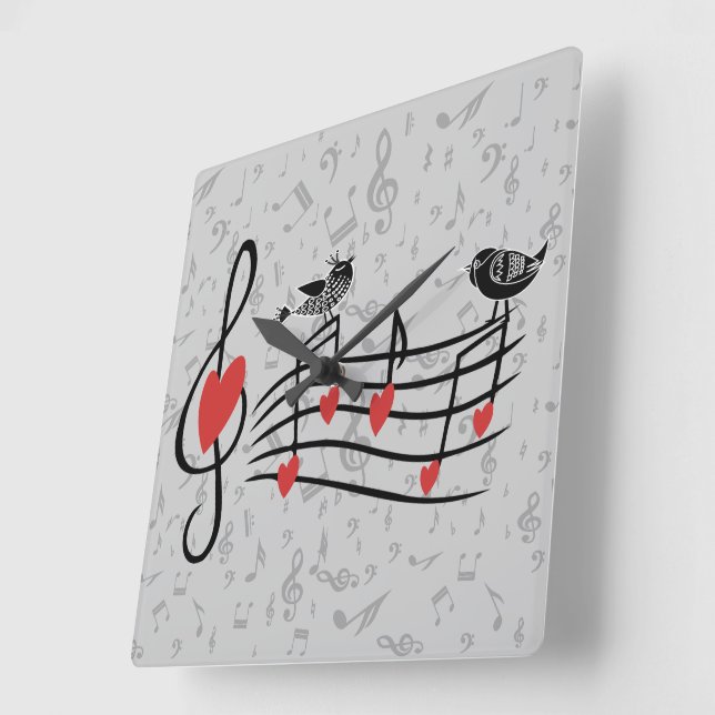 Horloge Carrée Inséparables de musique sur Grey Notes musicales (Angle)