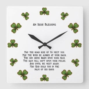 Horloge Carrée Irish Blessing et Shamrock noir et vert