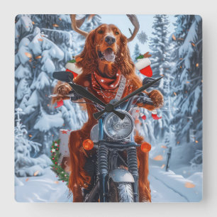 Horloge Carrée Irlandais Red Setter Chien chevauchant la moto Noë