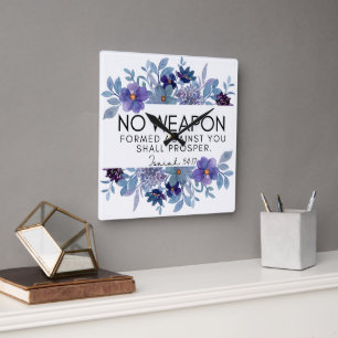 Horloge Carrée Isaïe 54:17 Aucune arme Christian Floral