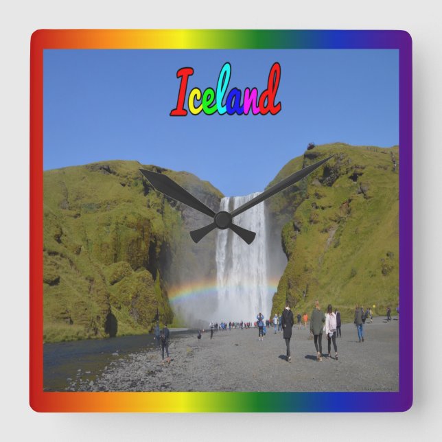 Horloge Carrée Islande - Cascade arc-en-ciel (Recto)