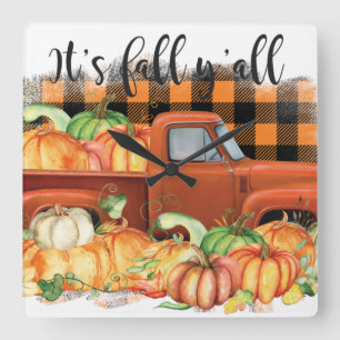 Horloge Carrée Its Fall Yall Quote   Vintage Truck with Pumkins