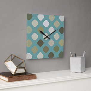 Horloge Carrée Ivoire Blanc Beige Sarcelle Bleu Carrés Ronds Moti