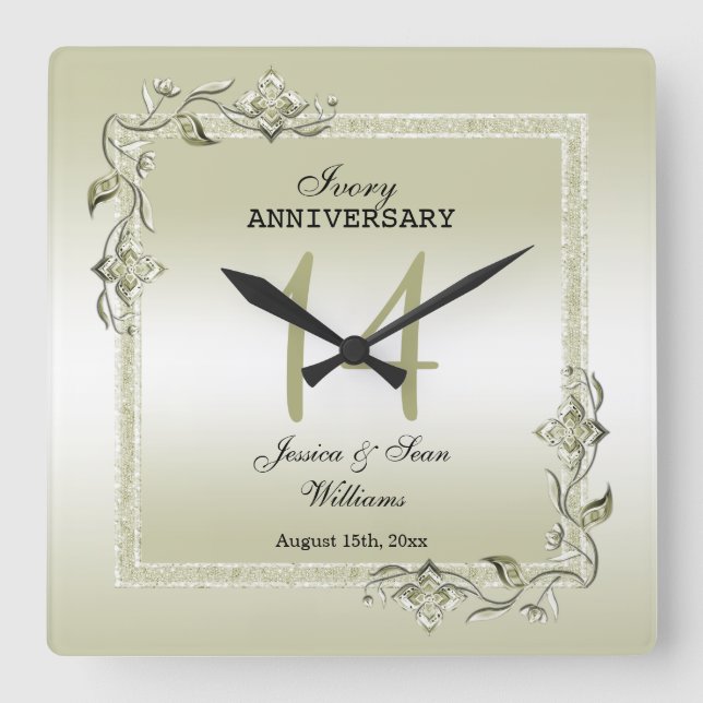 Horloge Carrée Ivory Gem & Glitter 14th Wedding Anniversary  (Recto)