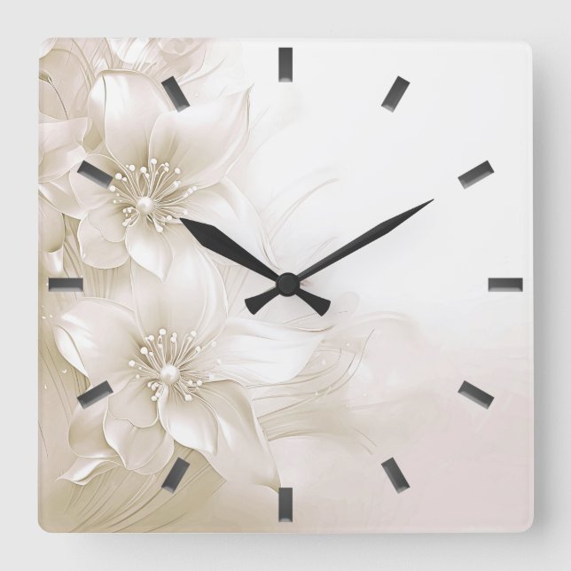 Horloge Carrée Ivory White Flowers Wall Clock (Recto)