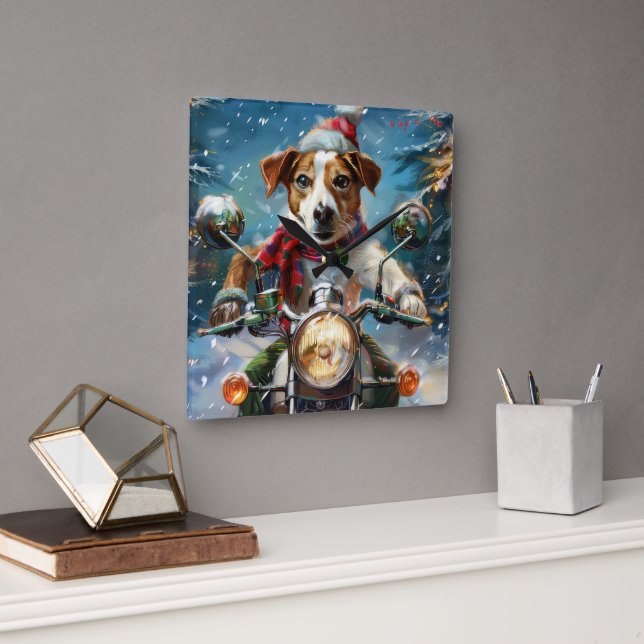 Horloge Carrée Jack Russell Chien équitation Moto Noël (Bureau)