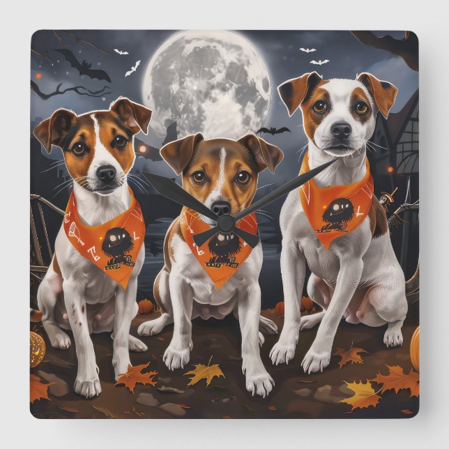 Horloge Carrée Jack Russell Halloween Épouvantable (Recto)