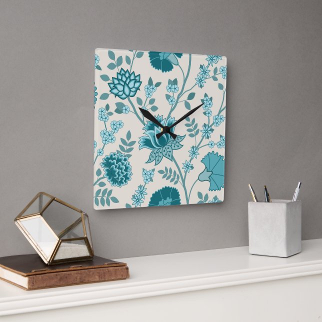 Horloge Carrée Jacobean Floral Lg Motif Teals sur Crème (Bureau)