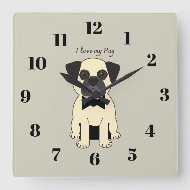 Horloge Carrée J'adore mon Pug (Recto)