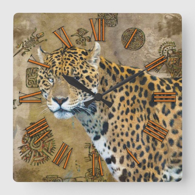 Horloge Carrée Jaguar & Mayan Temple Ruins Wildlife Wall Clock (Recto)