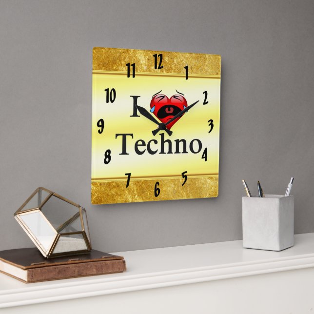 Horloge Carrée J'aime la techno Avec un coeur rouge drôle chanter (Bureau)