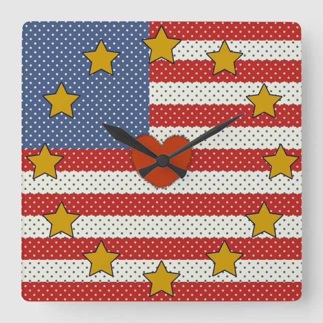 Horloge Carrée J'aime les États-Unis - Drapeau à pois rouge, blan (Recto)