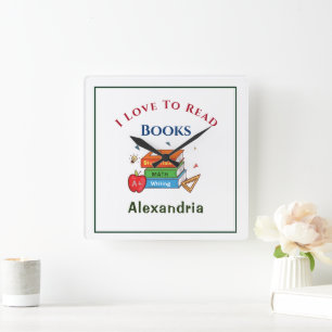 Horloge Carrée J'aime lire des livres Enfant Étudiant Personnalis