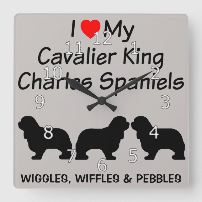 Horloge Carrée J'aime mes trois chiens cavaliers d'épagneul du (Recto)