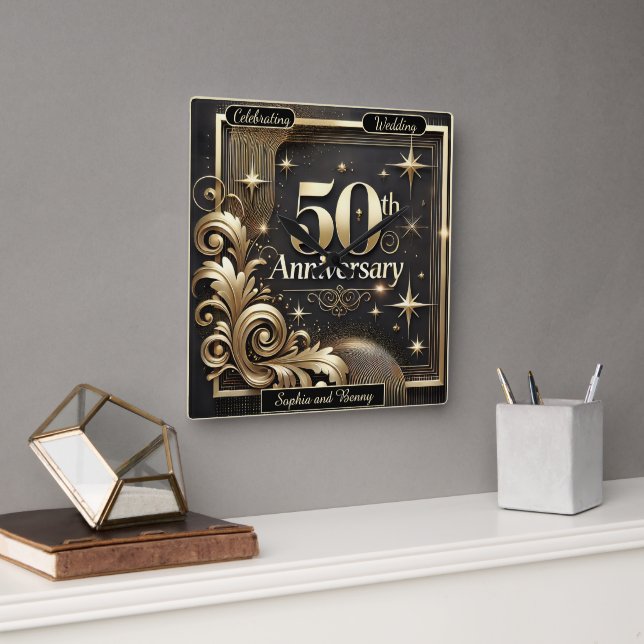 Horloge Carrée Jalon doré : Hommage au 50e anniversaire (Bureau)