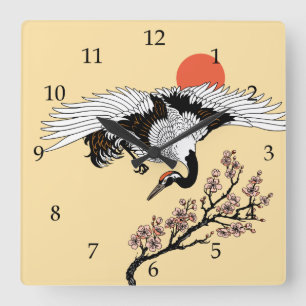 Horloge Carrée Japanese crane bird and blooming sakura