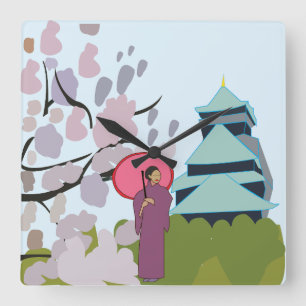 Horloge Carrée Japon Cherry Blossom Geisha Kimono