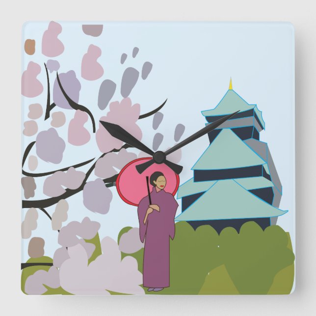 Horloge Carrée Japon Cherry Blossom Geisha Kimono (Recto)