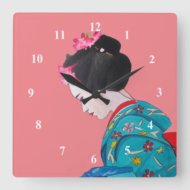 Horloge Carrée Japonais Geisha rose fleurs art mignon (Recto)