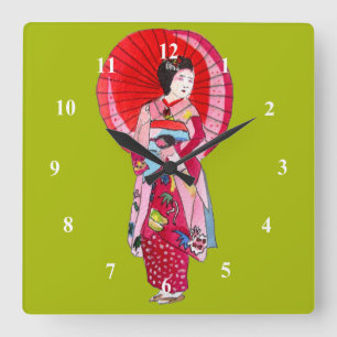 Horloge Carrée Japonais Geisha rouge kimono art mignon