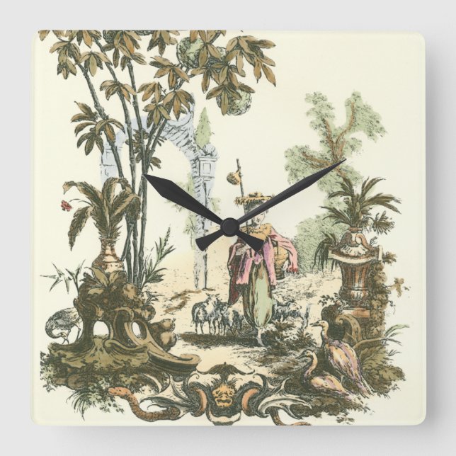 Horloge Carrée Jardin asiatique avec femme et animaux (Recto)