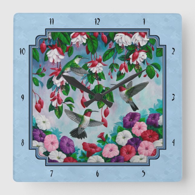 Horloge Carrée Jardin aux fleurs et Bleu des colibris (Recto)