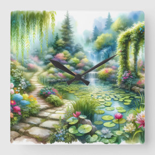 Horloge Carrée Jardin de cascade enchanté avec bassin de nénuphar