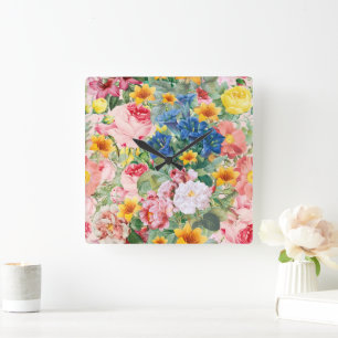 Horloge Carrée Jardin de fleurs colorées - Coussin floral bohème