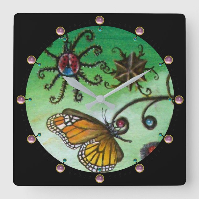 Horloge Carrée JARDIN DE MELISSA Magique Papillon, Ladybug, Vert (Recto)