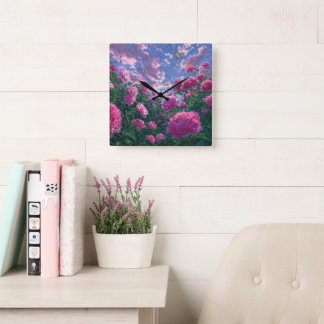 Horloge Carrée Jardin de pivoines roses rêveur Art