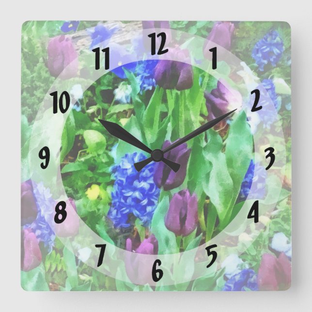 Horloge Carrée Jardin de printemps dans les tons violets (Recto)
