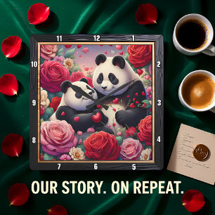 Horloge Carrée Jardin de roses du couple de pandas