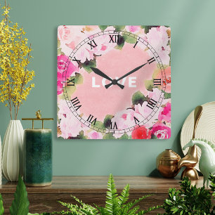 Horloge Carrée Jardin de roses roses à l'aquarelle artistique écr