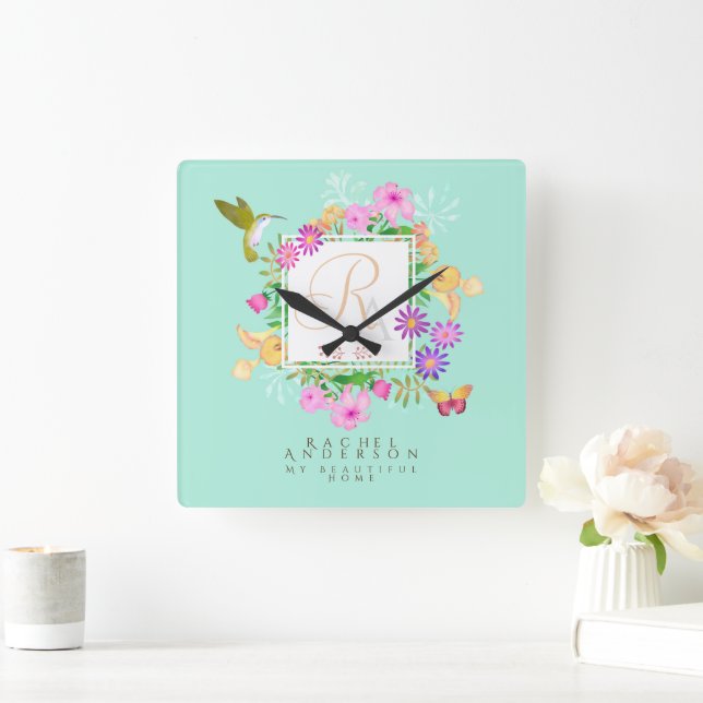 Horloge Carrée Jardin floral Aqua Monogramme (Maison)