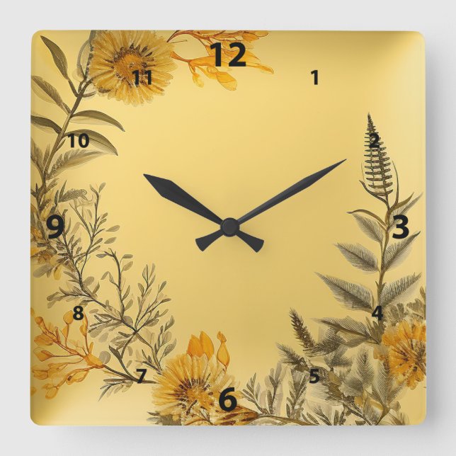 Horloge Carrée Jaune Dandelions Ferns Pays de verdure (Recto)