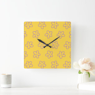 Horloge Carrée Jaune Gras Y2K Fleur sauvage Vibrant Décor de la m