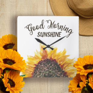 Horloge Carrée Jaune Marron Tournesol Blanc Bonjour Soleil
