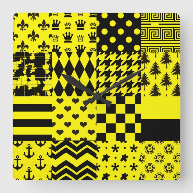Horloge Carrée Jaune Noir Mixte Conception Motif Patchwork (Recto)