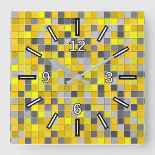 Horloge Carrée Jaunes et motif de carrés carrelé par gris